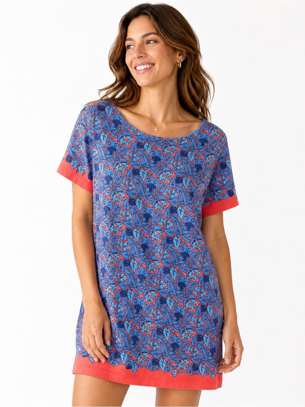 Tory Burch Elisabeth Pima Cotton Paisley Shift Dress Blue Coral - Size XL